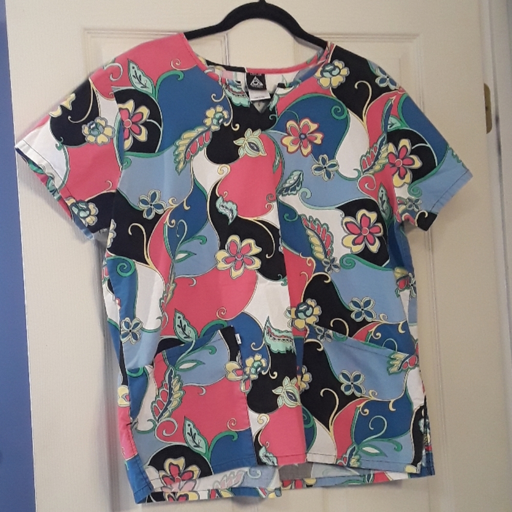 Cherokee Studio Scrub Top Blue Pink Black White M